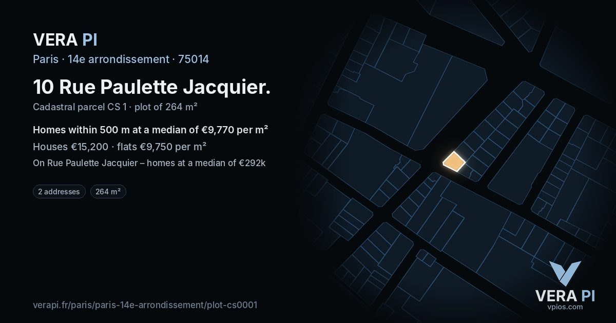 10 Rue Paulette Jacquier, 14e arrondissement at night – the plot lit, the parcels around coloured by the prices near them