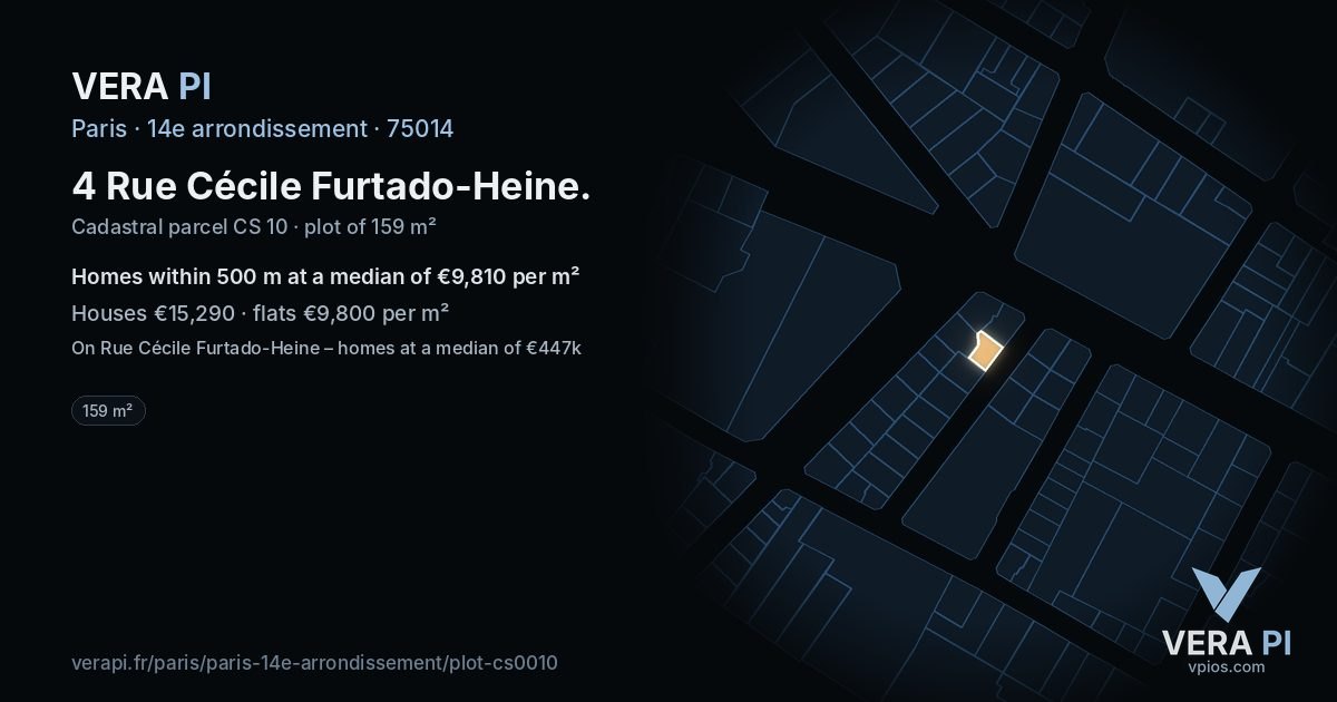 4 Rue Cécile Furtado-Heine, 14e arrondissement at night – the plot lit, the parcels around coloured by the prices near them