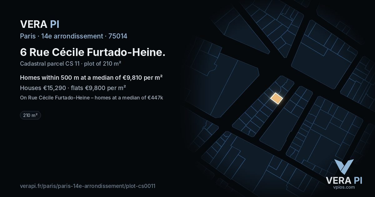 6 Rue Cécile Furtado-Heine, 14e arrondissement at night – the plot lit, the parcels around coloured by the prices near them