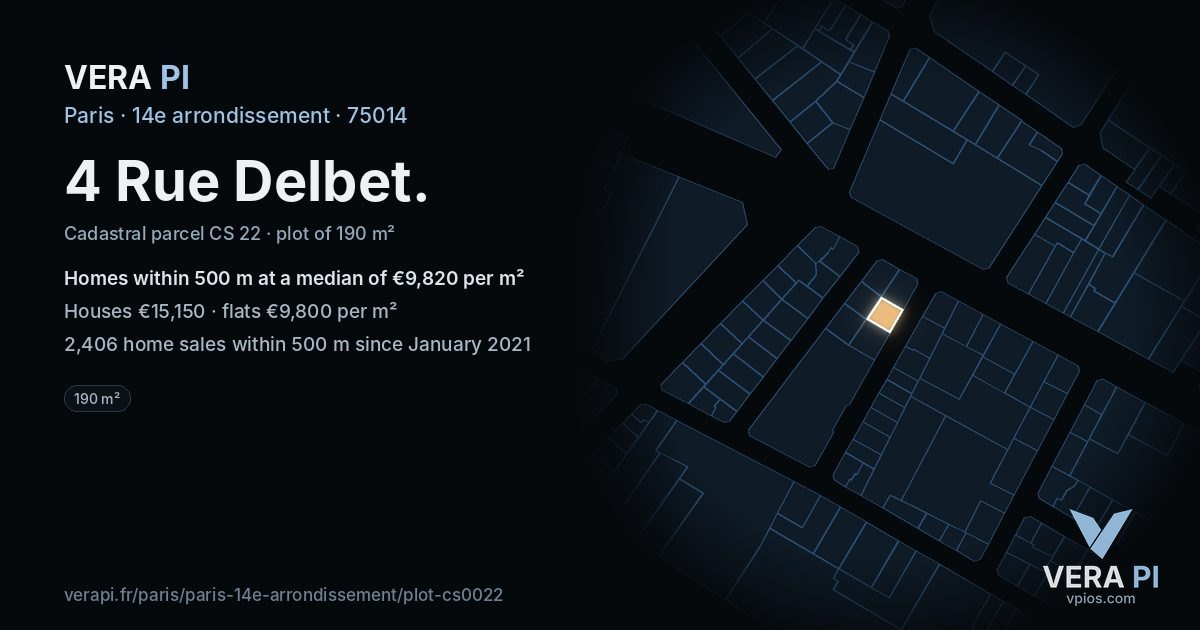 4 Rue Delbet, 14e arrondissement at night – the plot lit, the parcels around coloured by the prices near them
