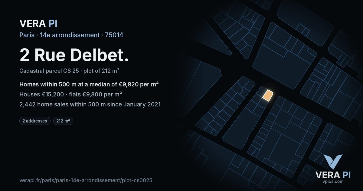 2 Rue Delbet, 14e arrondissement at night – the plot lit, the parcels around coloured by the prices near them