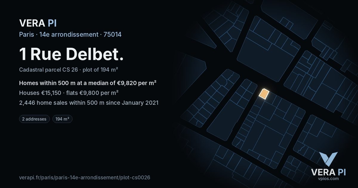 1 Rue Delbet, 14e arrondissement at night – the plot lit, the parcels around coloured by the prices near them