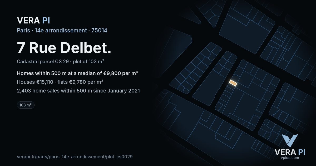 7 Rue Delbet, 14e arrondissement at night – the plot lit, the parcels around coloured by the prices near them