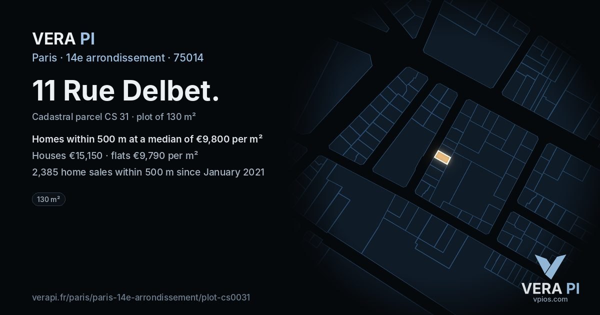 11 Rue Delbet, 14e arrondissement at night – the plot lit, the parcels around coloured by the prices near them