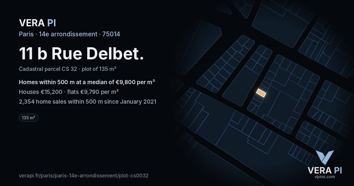 11 b Rue Delbet, 14e arrondissement at night – the plot lit, the parcels around coloured by the prices near them
