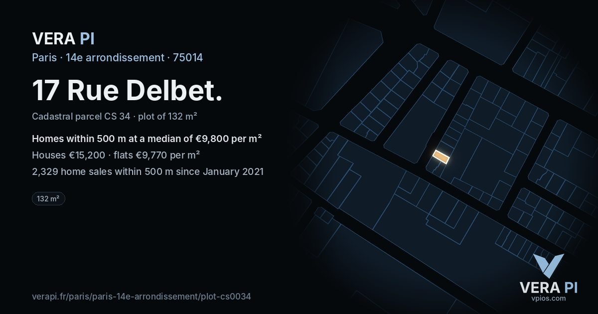 17 Rue Delbet, 14e arrondissement at night – the plot lit, the parcels around coloured by the prices near them