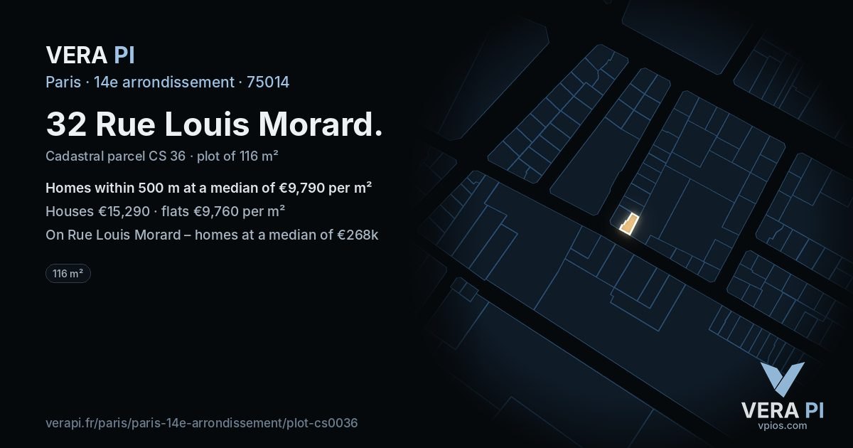 32 Rue Louis Morard, 14e arrondissement at night – the plot lit, the parcels around coloured by the prices near them