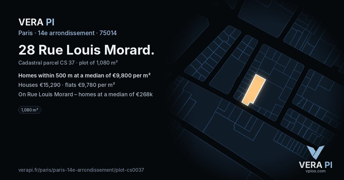 28 Rue Louis Morard, 14e arrondissement at night – the plot lit, the parcels around coloured by the prices near them