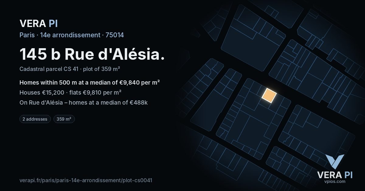 145 b Rue d'Alésia, 14e arrondissement at night – the plot lit, the parcels around coloured by the prices near them