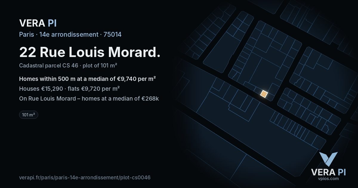 22 Rue Louis Morard, 14e arrondissement at night – the plot lit, the parcels around coloured by the prices near them