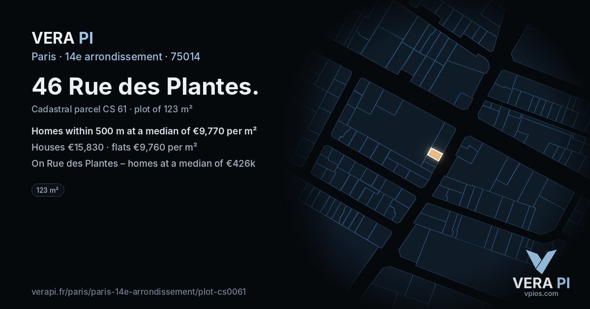 46 Rue des Plantes, 14e arrondissement at night – the plot lit, the parcels around coloured by the prices near them