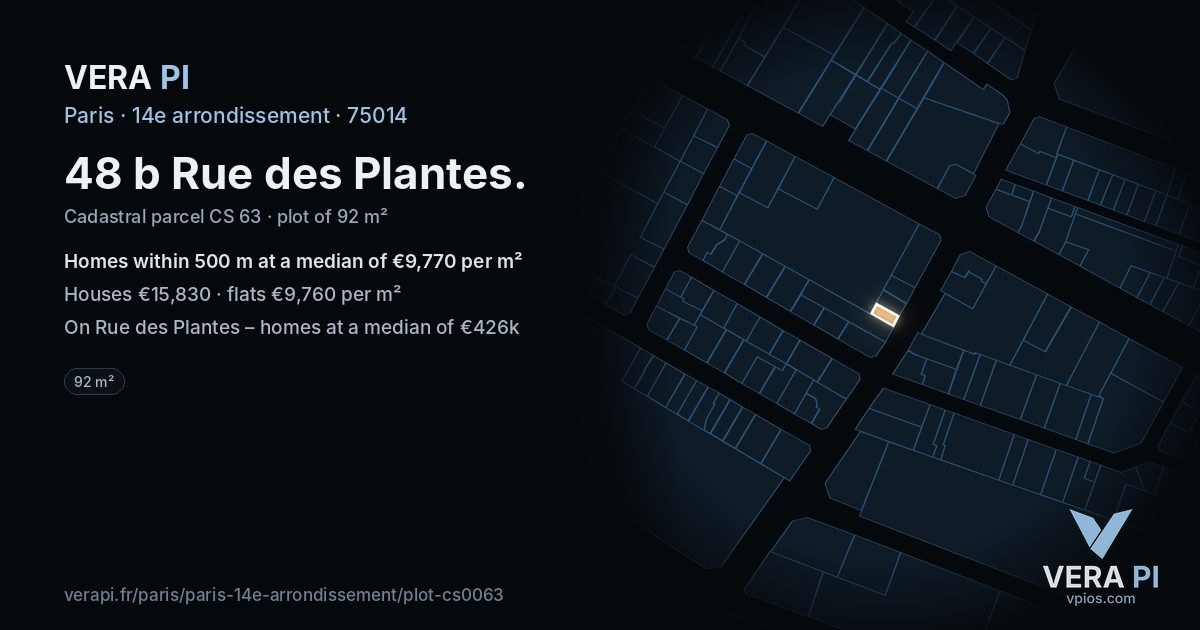 48 b Rue des Plantes, 14e arrondissement at night – the plot lit, the parcels around coloured by the prices near them