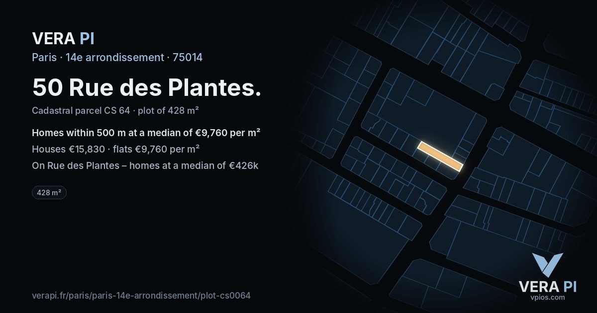 50 Rue des Plantes, 14e arrondissement at night – the plot lit, the parcels around coloured by the prices near them