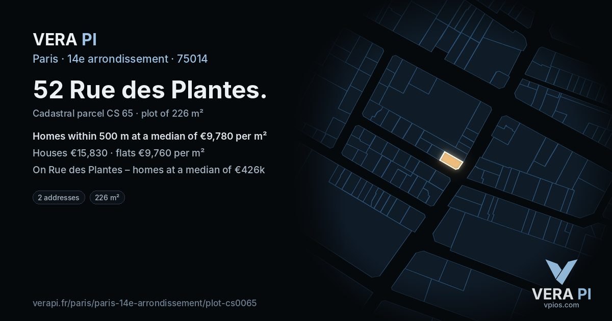 52 Rue des Plantes, 14e arrondissement at night – the plot lit, the parcels around coloured by the prices near them