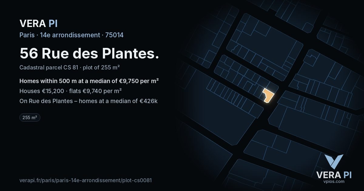 56 Rue des Plantes, 14e arrondissement at night – the plot lit, the parcels around coloured by the prices near them