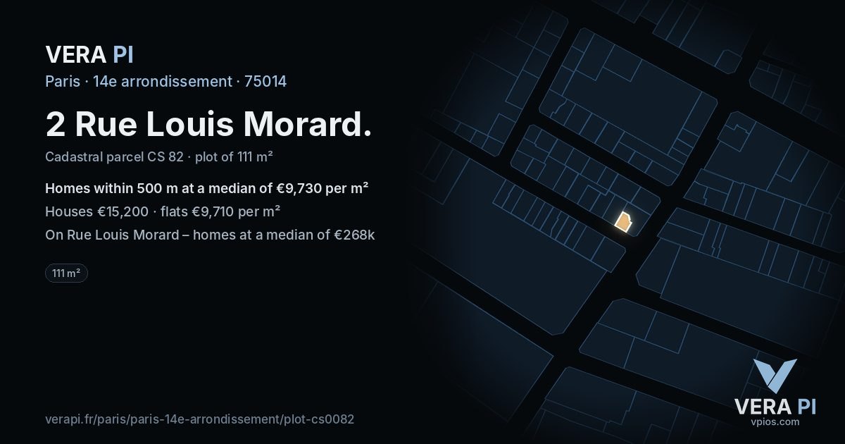 2 Rue Louis Morard, 14e arrondissement at night – the plot lit, the parcels around coloured by the prices near them