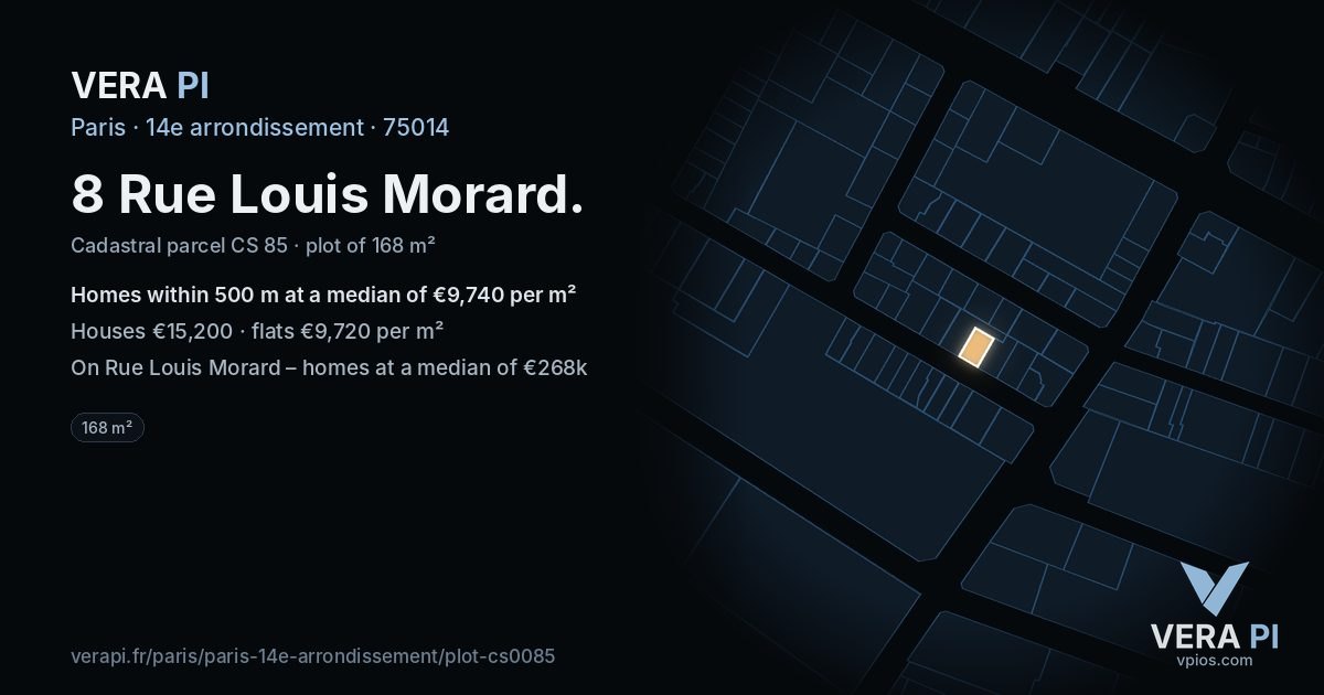 8 Rue Louis Morard, 14e arrondissement at night – the plot lit, the parcels around coloured by the prices near them