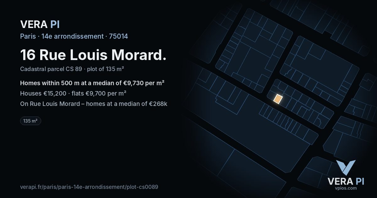 16 Rue Louis Morard, 14e arrondissement at night – the plot lit, the parcels around coloured by the prices near them