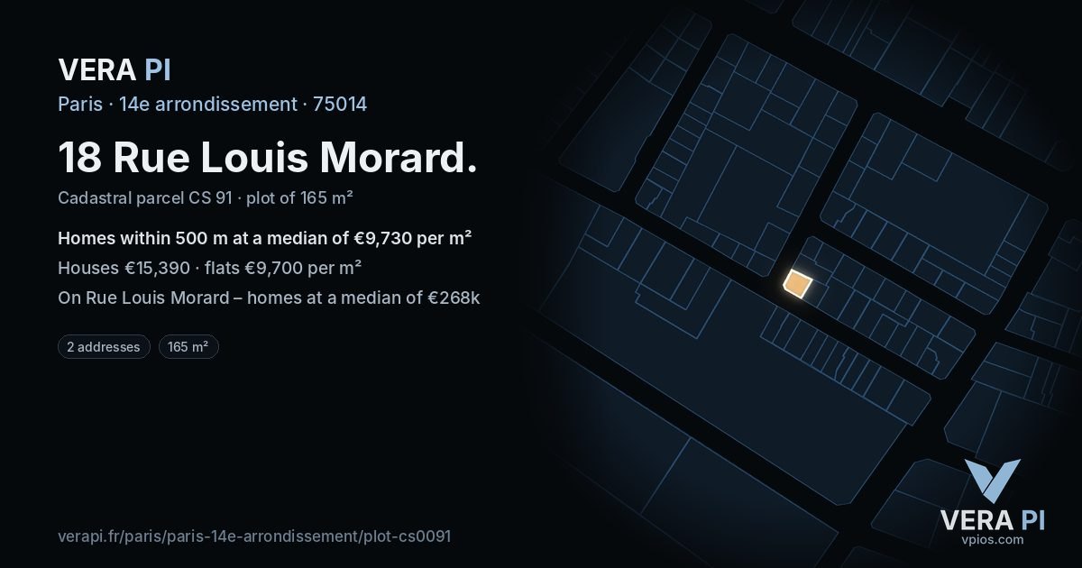 18 Rue Louis Morard, 14e arrondissement at night – the plot lit, the parcels around coloured by the prices near them