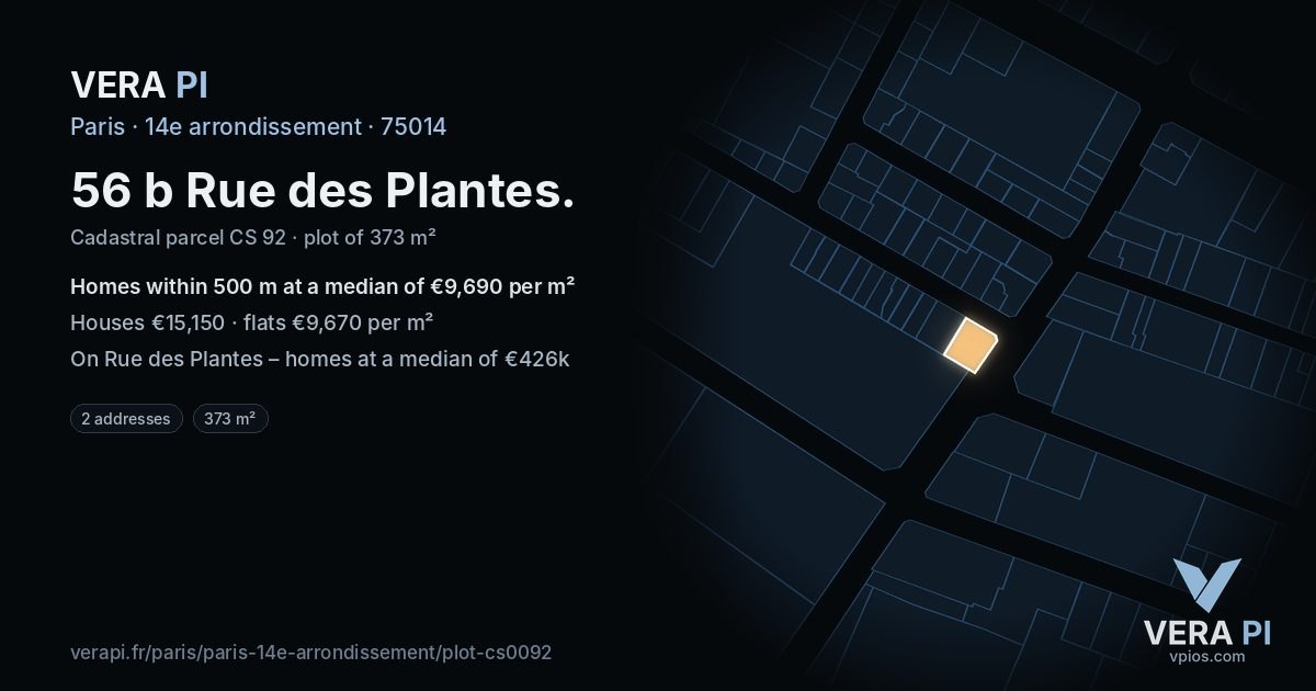 56 b Rue des Plantes, 14e arrondissement at night – the plot lit, the parcels around coloured by the prices near them