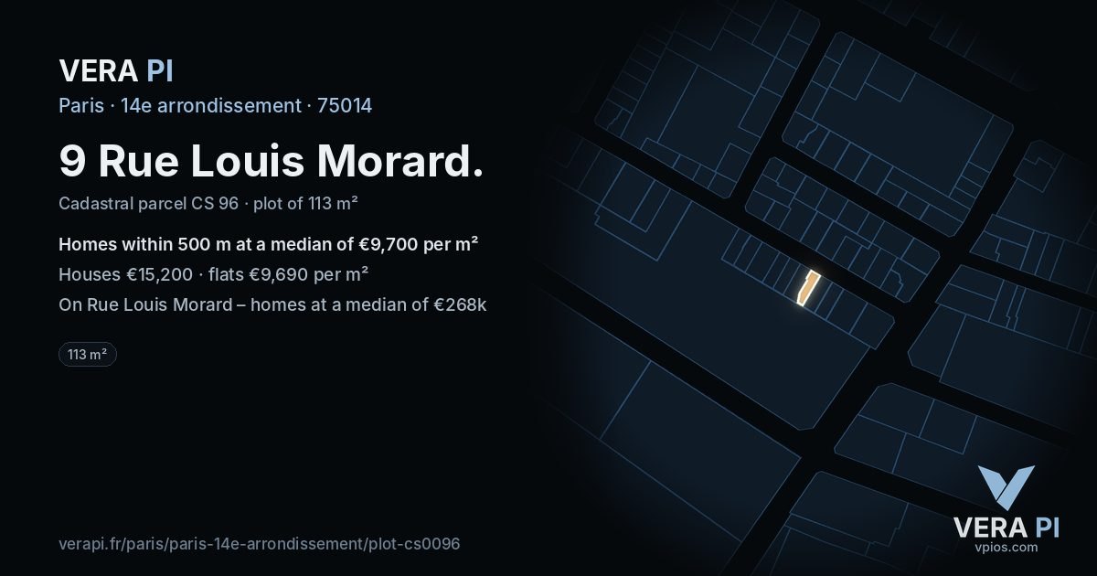 9 Rue Louis Morard, 14e arrondissement at night – the plot lit, the parcels around coloured by the prices near them