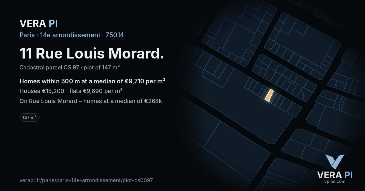 11 Rue Louis Morard, 14e arrondissement at night – the plot lit, the parcels around coloured by the prices near them