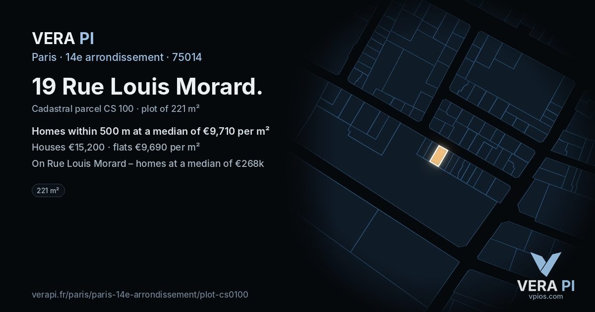 19 Rue Louis Morard, 14e arrondissement at night – the plot lit, the parcels around coloured by the prices near them
