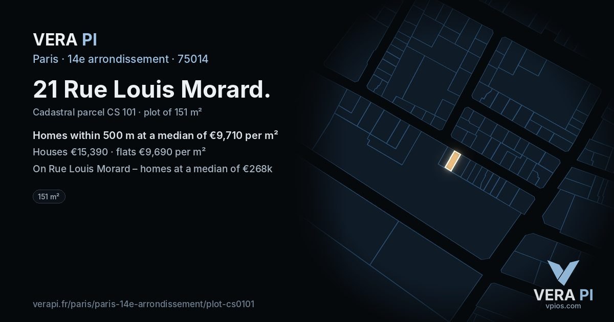 21 Rue Louis Morard, 14e arrondissement at night – the plot lit, the parcels around coloured by the prices near them
