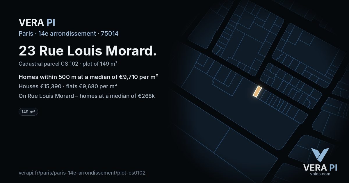 23 Rue Louis Morard, 14e arrondissement at night – the plot lit, the parcels around coloured by the prices near them