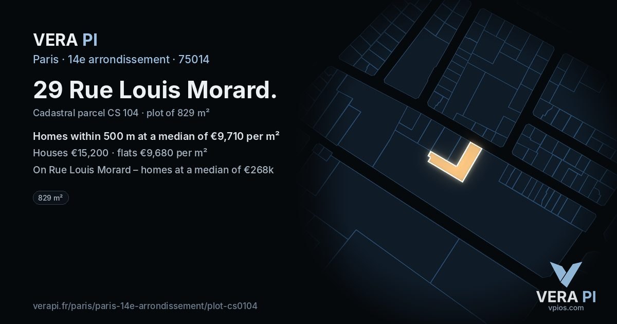 29 Rue Louis Morard, 14e arrondissement at night – the plot lit, the parcels around coloured by the prices near them