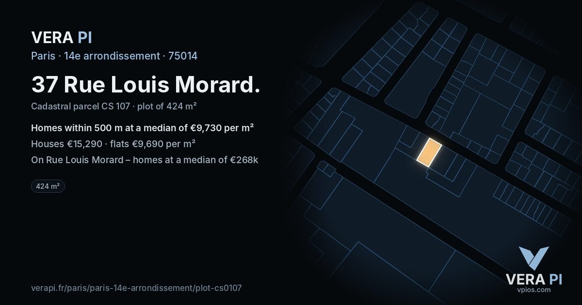 37 Rue Louis Morard, 14e arrondissement at night – the plot lit, the parcels around coloured by the prices near them