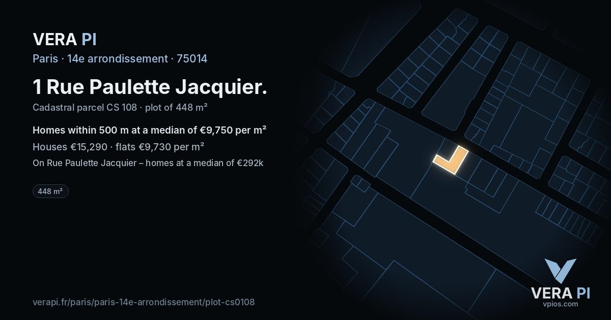1 Rue Paulette Jacquier, 14e arrondissement at night – the plot lit, the parcels around coloured by the prices near them