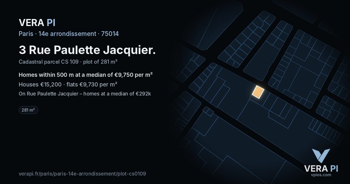 3 Rue Paulette Jacquier, 14e arrondissement at night – the plot lit, the parcels around coloured by the prices near them