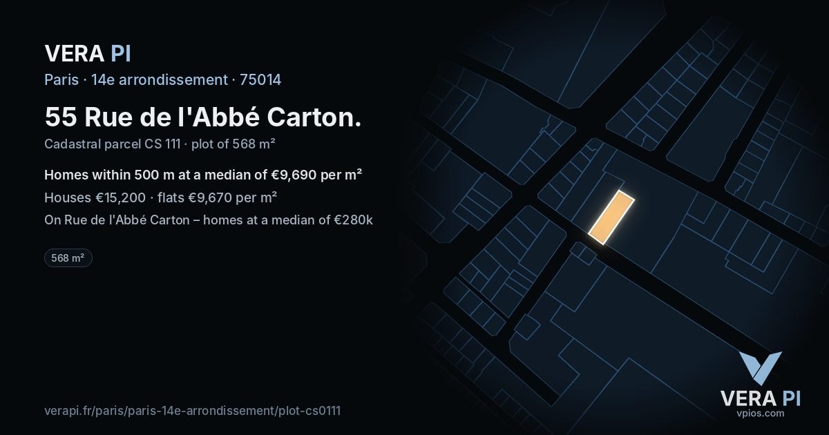 55 Rue de l'Abbé Carton, 14e arrondissement at night – the plot lit, the parcels around coloured by the prices near them