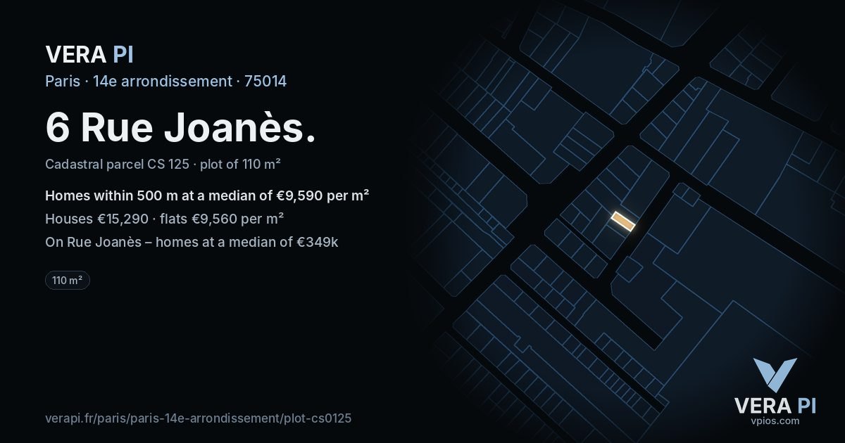 6 Rue Joanès, 14e arrondissement at night – the plot lit, the parcels around coloured by the prices near them