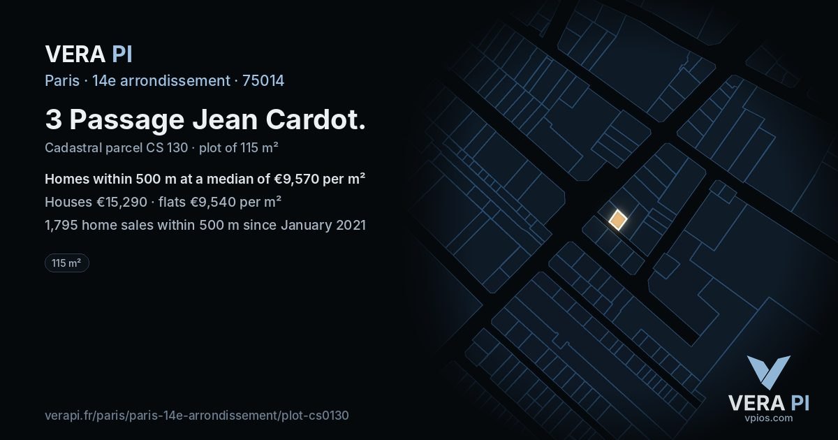 3 Passage Jean Cardot, 14e arrondissement at night – the plot lit, the parcels around coloured by the prices near them