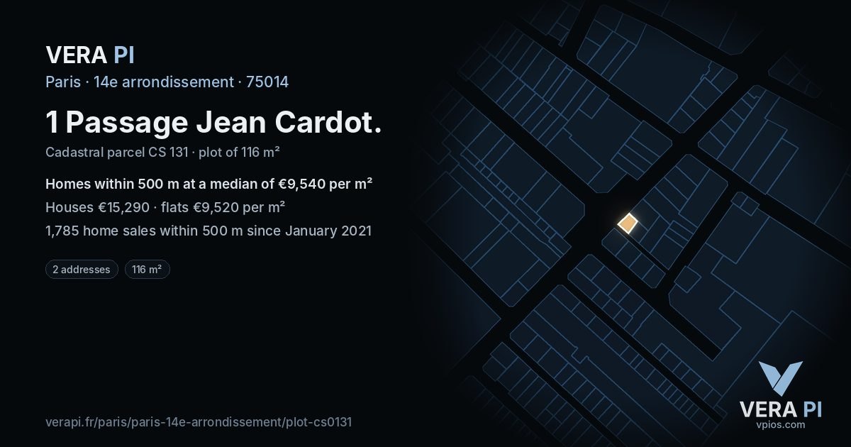 1 Passage Jean Cardot, 14e arrondissement at night – the plot lit, the parcels around coloured by the prices near them