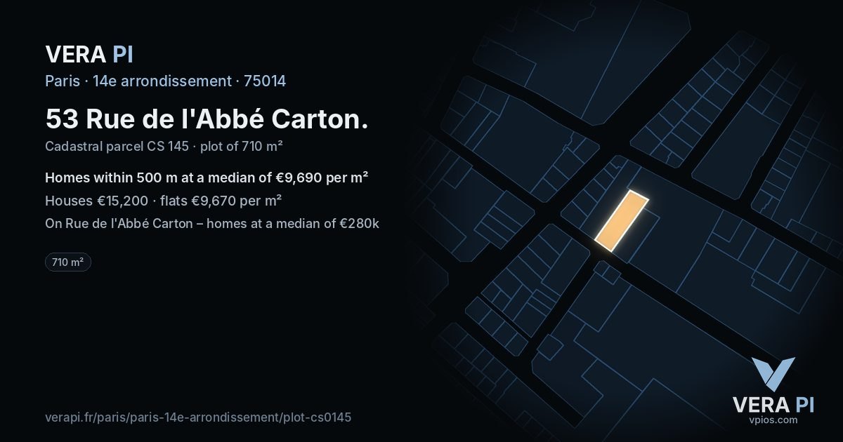 53 Rue de l'Abbé Carton, 14e arrondissement at night – the plot lit, the parcels around coloured by the prices near them