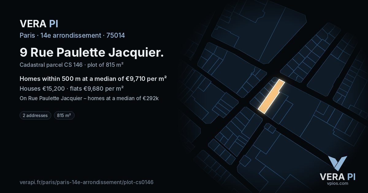 9 Rue Paulette Jacquier, 14e arrondissement at night – the plot lit, the parcels around coloured by the prices near them