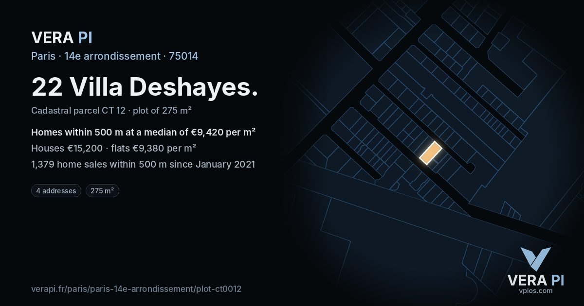 22 Villa Deshayes, 14e arrondissement at night – the plot lit, the parcels around coloured by the prices near them