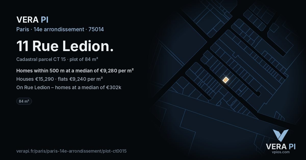 11 Rue Ledion, 14e arrondissement at night – the plot lit, the parcels around coloured by the prices near them