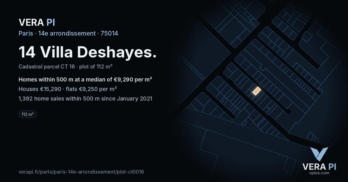 14 Villa Deshayes, 14e arrondissement at night – the plot lit, the parcels around coloured by the prices near them