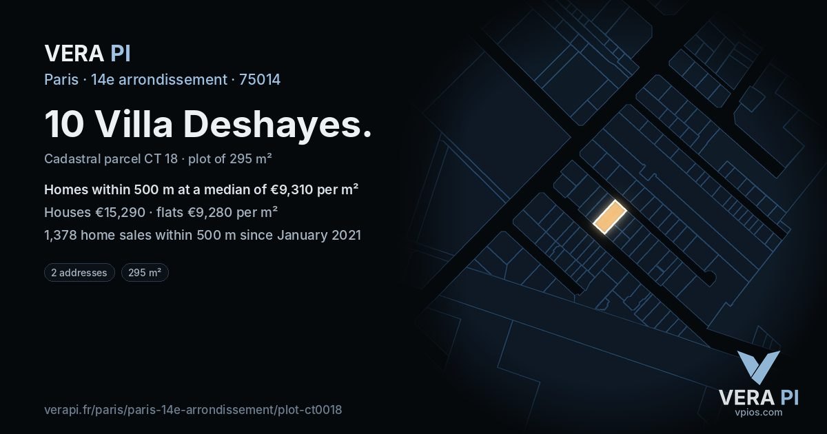 10 Villa Deshayes, 14e arrondissement at night – the plot lit, the parcels around coloured by the prices near them