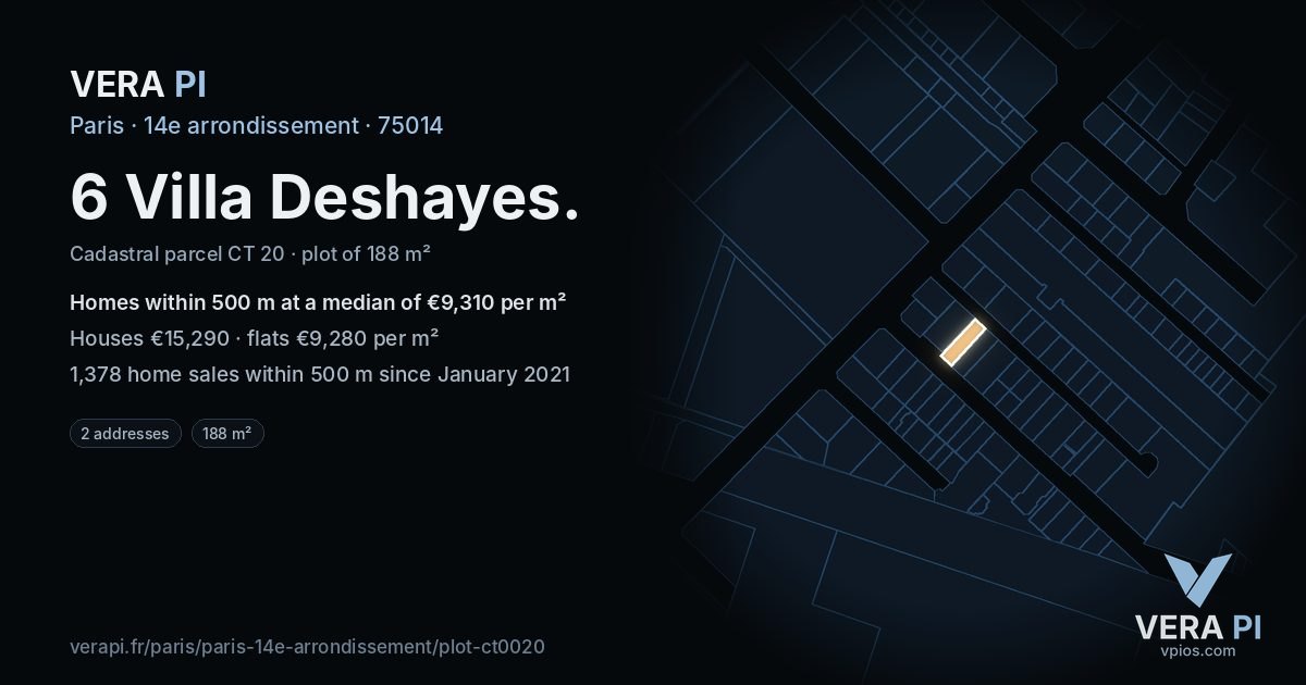 6 Villa Deshayes, 14e arrondissement at night – the plot lit, the parcels around coloured by the prices near them