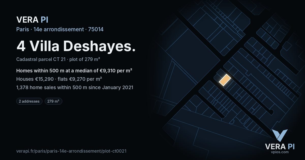 4 Villa Deshayes, 14e arrondissement at night – the plot lit, the parcels around coloured by the prices near them