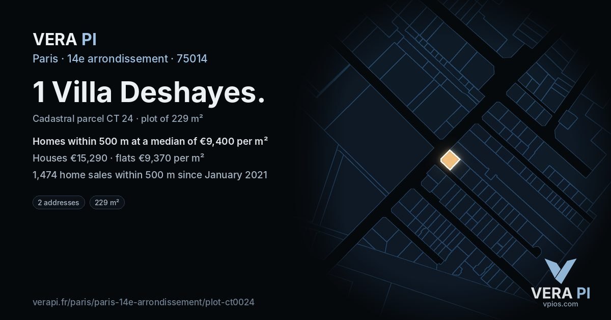 1 Villa Deshayes, 14e arrondissement at night – the plot lit, the parcels around coloured by the prices near them
