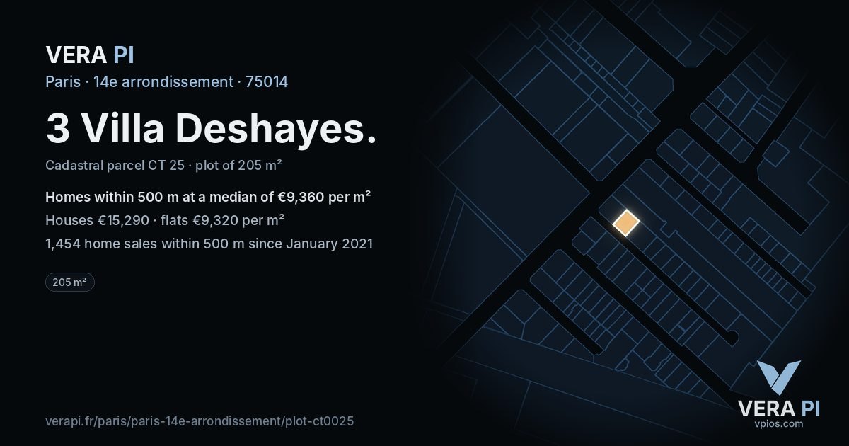 3 Villa Deshayes, 14e arrondissement at night – the plot lit, the parcels around coloured by the prices near them