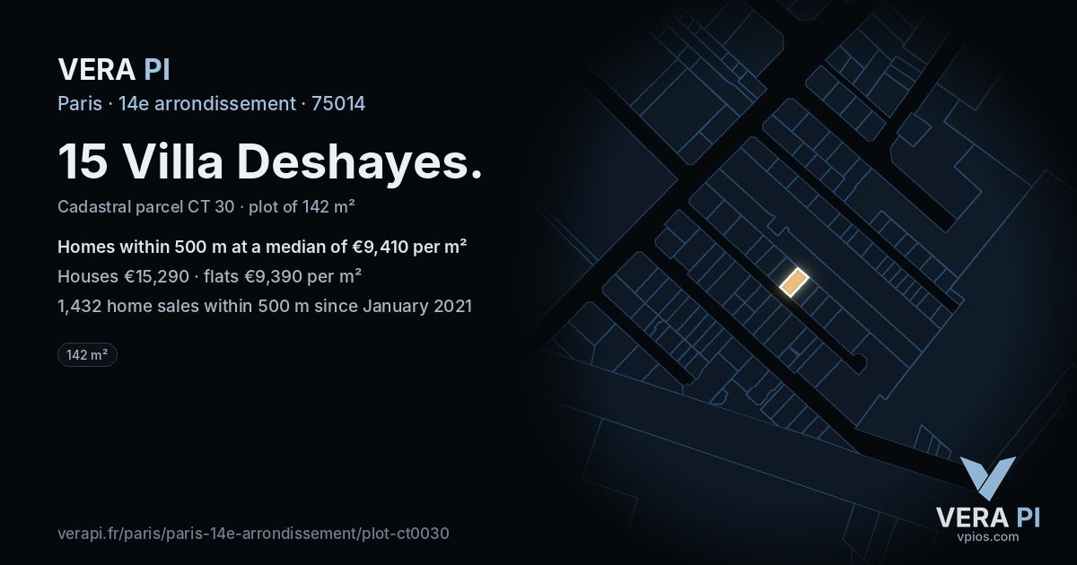 15 Villa Deshayes, 14e arrondissement at night – the plot lit, the parcels around coloured by the prices near them