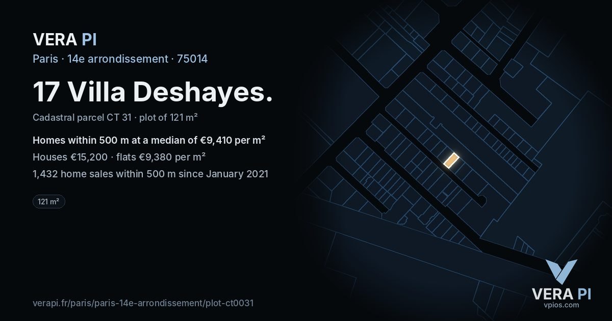 17 Villa Deshayes, 14e arrondissement at night – the plot lit, the parcels around coloured by the prices near them