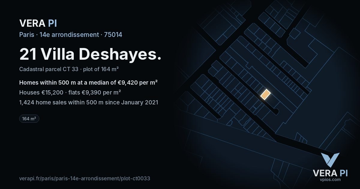21 Villa Deshayes, 14e arrondissement at night – the plot lit, the parcels around coloured by the prices near them